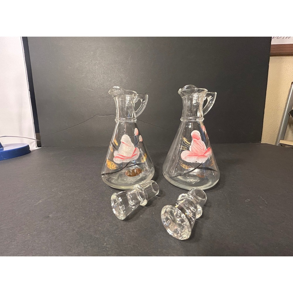Mid Century Modern 1950s Hazel Atlas Clear Glass Cruet Set – Pink Floral & Gold - Picture 3 of 6